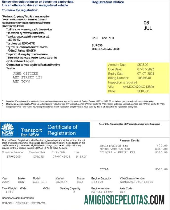 Certificado de registro de transporte australiano para NSW baixar para verificação